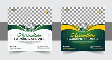 Farm management template vector with green and yellow colors. Lawn and gardening service web banner design for social media marketing. Agro farm service social media post vector