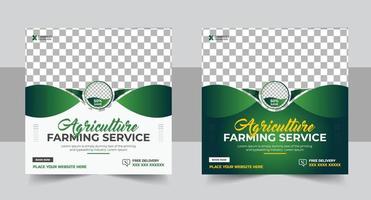 Farm management template vector with green and yellow colors. Lawn and gardening service web banner design for social media marketing. Agro farm service social media post