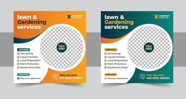 Farm management service social media post vector. Agro farm and landscaping business web banner with yellow and green colors. Harvesting and gardening service advertisement template vector