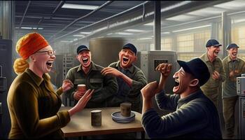 workers talking and laughing at a factory Labor Day and the importance of workers photo