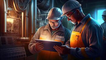 Two workers at an industrial plant with a tablet in hand, working together manufacturing activities Labor Day and the importanc photo