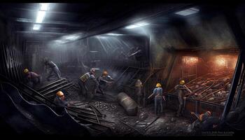 Underground mining Coal mining in mine Miner in underground mine on coal mining work. Mine workers on Underground hardrock mining Hard rock mine equipment Labor Day photo