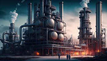 Oil refinery with people at work. Large industrial refinery with intricate pipelines Labor Day and the importance of workers photo