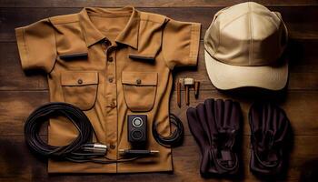 Electrician work uniform items on a wooden background top view Labor Day and the importance of workers photo