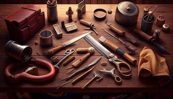 instruments of carpenter on wooden table Labor Day and the importance of workers photo