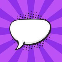 Comic speech bubble of talk crooked oval shape in pop art style. Empty element with contour for your dialogs. Isolated on violet background with rays vector