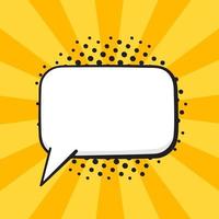 Comic speech bubble of talk rectangular shape in pop art style. Empty element with contour for your dialogs. Isolated on yellow background with rays vector