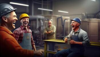 workers talking and laughing at a factory Labor Day and the importance of workers photo