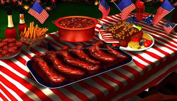 Party table with tater bbq baby back ribs Independence Day time for revolution July 4th photo
