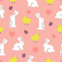 Seamless pattern with Easter rabbits, chickens, eggs and hearts. Cutout colorful elements on pink background. vector