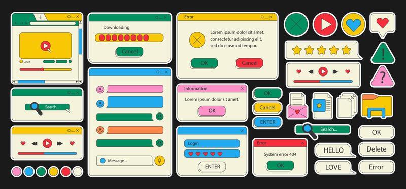 90s retro vaporwave old desktop user interface elements. Cute nostalgic computer ui, vintage aesthetic icons and windows vector set. 90s interface digital, retro window computer stock illustration