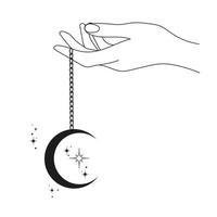 mano con Luna colgante en un cadena y estrellas. resumen símbolo para productos cosméticos y embalaje, joyas, logo, tatuaje. lineal estilo. esotérico vector