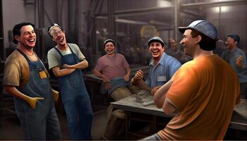 trabajadores hablando y riendo a un fábrica labor día y el importancia de trabajadores ai generado foto