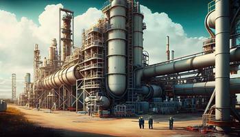 Oil refinery with people at work. Large industrial refinery with intricate pipelines Labor Day and the importance of workers photo