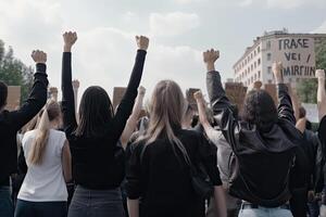 Back view of aggressive people protesting at city street. Protest activists. Crowd with raising fists. Angry people make revolution. Created with photo