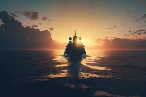 Modern warship in the sea at sunset. Military force ship sailing in ocean. Created with photo