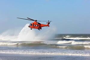 Search and rescue operation in sea. Emergency rescue helicopter flies over sea surface, looking for victims after crash. Created with photo