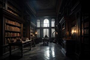 Interior of library with many bookshelves. Rows of cabinets with old books in library. Knowledge and education. Created with photo