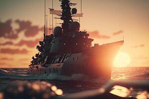 Modern warship in the sea at sunset. Military force ship sailing in ocean. Created with photo