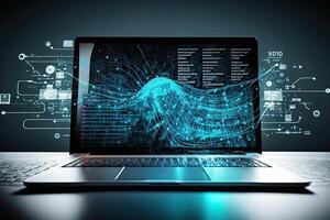 Digital data and network connection on laptop screen. Big data analysis. Network information and data protection concept. Created with photo