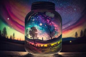 Glass jar with fantasy world inside. Capturing dream concept. Created with photo
