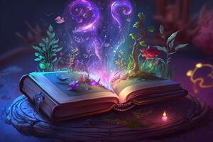 Open magical book with glowing lights over pages on abstract background. Fantasy reading. Created with photo