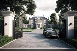 Modern luxury house exterior. Main entrance with automatic gates. Created with photo