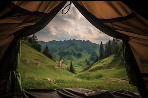 Amazing view from inside tent to mountain landscape. Camping during hike in mountains, outdoor activities. Created with photo