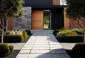 Modern house facade. Main entrance of living building. Door of luxury building with backyard in front. Created with photo