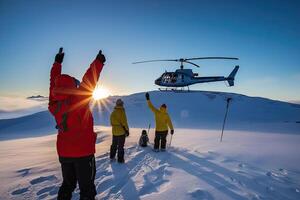 Search and rescue operation in mountains. Medical rescue helicopter landing in snowy mountains. Created with photo