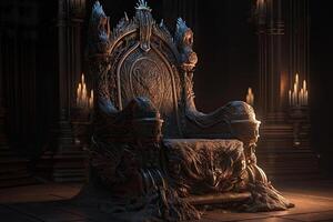 vacío real trono en oscuro castillo salón. fantasía medieval trono para rey. creado con generativo ai foto