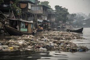 enorme tugurio con un lote de el plastico residuos y varios usado basura. ambiental contaminación concepto. creado con generativo ai foto