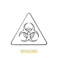 Biological hazard symbol. Outline icon. Vector illustration. Caution danger microorganism, virus, toxin. Triangular warning sign. Hand drawn sketch. Isolated white background