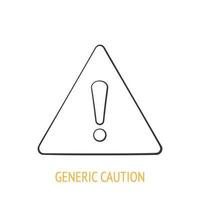 Warning sign with exclamation mark inside. Outline icon. Vector illustration. Triangular attention symbol, information signal about problem. Hand drawn sketch. Isolated white background