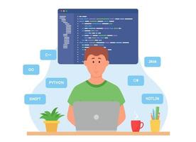 Programmer coding concept. Man writing code at laptop, develops program, website or application. Programmers and IT specialists in workplace. Programming code with popular programming languages. vector