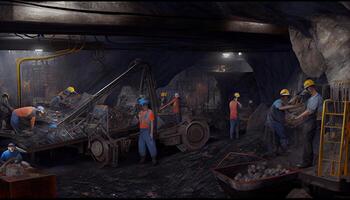 Underground mining Coal mining in mine Miner in underground mine on coal mining work. Mine workers on Underground hardrock mining Hard rock mine equipment Labor Day photo