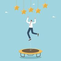 Use imagination and ingenuity for new opportunities, creativity to achieve success, achieve the highest praise from management or customers, high rankings, a man jumps on a trampoline to catch a star. vector