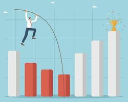 Recovery of profits after economic crisis or recession, business growth, overcoming financial difficulties, risk taking and determination on the way to success, a man pole vault over graph columns. vector