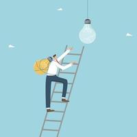 Finding a brilliant idea to start a business or solve a complex problem, a creative approach to achieving goals, a man with a new light bulb on his back climbs the ladder to the burnt out light bulb. vector