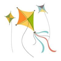 Vector stock illustration of three colorful flying fabric kites. Isolated illustration in flat style on white background