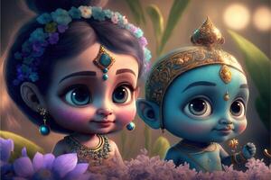 pequeño Krishna y radha linda imagen 3d tipo ilustración pero generativo ai foto