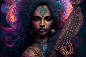 Godess Sarswati with Guitar big hairs colorful photo