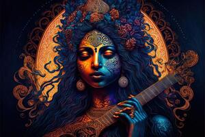 Godess Sarswati with Guitar big hairs colorful photo