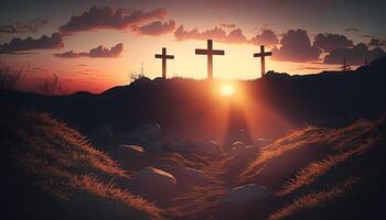 Jesus Christ At Sunrise Three Crosses On Hill photo