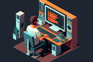 Isometric illustration of business man working on computer photo