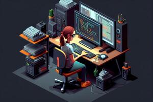 Isometric illustration of business girl working on computer photo