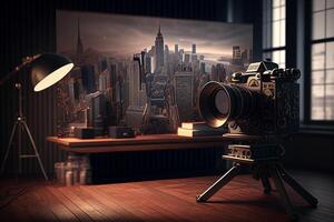 big camera with buildings photo studio background