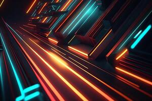 abstract futuristic neon lights background with glowing ascending lines, photo