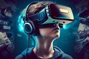 Adolescente jugador vistiendo vr cabeza montado jugando juego, generativo ai foto