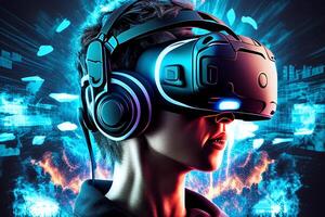 teenage gamer wearing VR head mounted playing game, photo